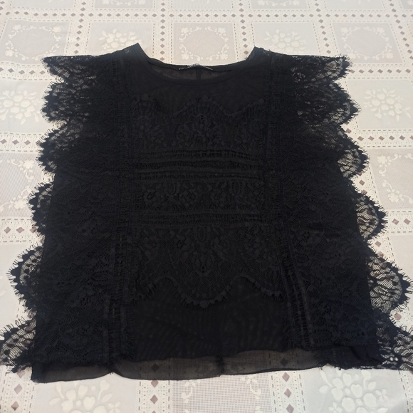 ZARA Black Sheer Lace see through  Blouse Ruffled Scalloped Sleeveless  Size S - Picture 11 of 15